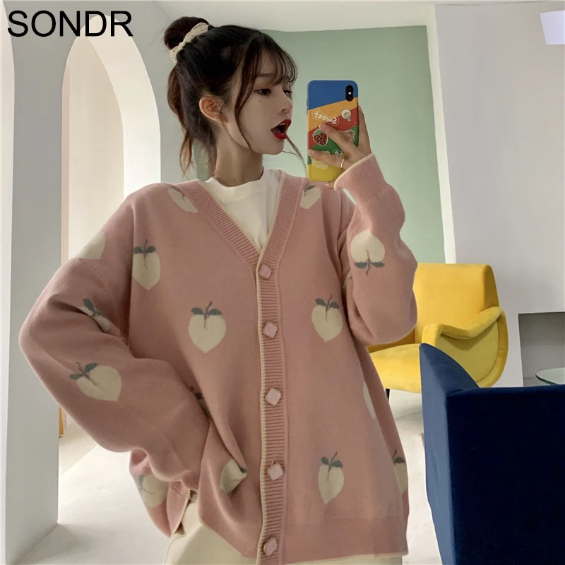 

Sweater Cardigan Cute Pink Coat Women Autumn Winter Korean Long Sleeve Pull Femme Peach v-neck Knitted Oversized Jacket 2020