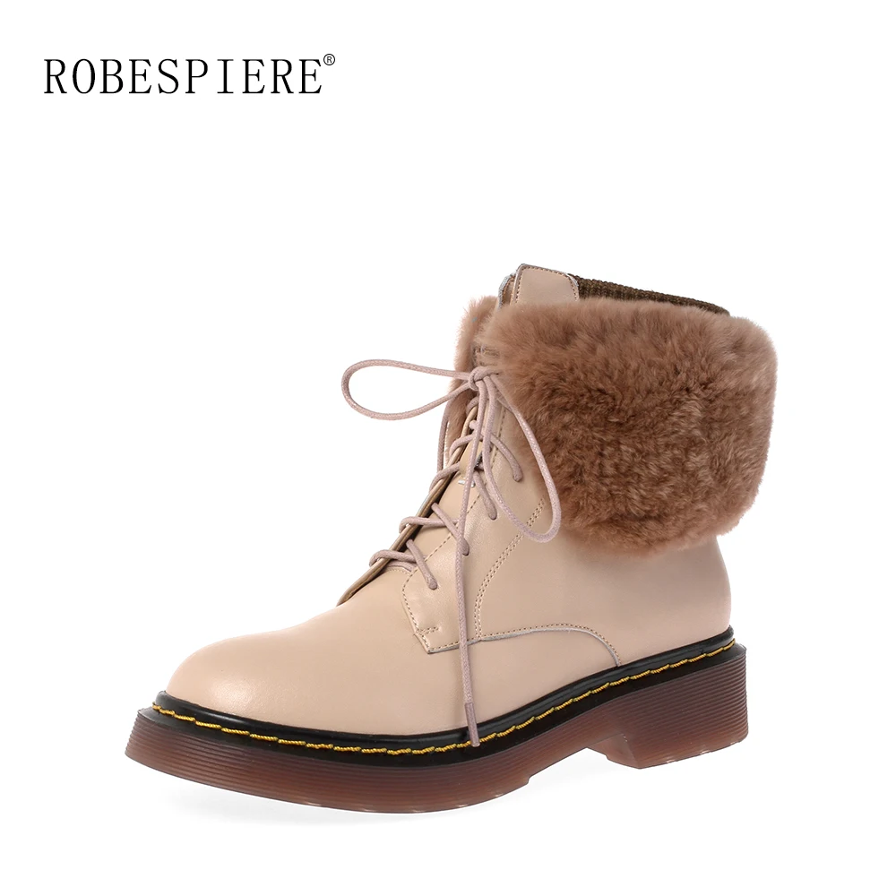 

ROBESPIERE New Genuine Leather Snow Boots For Women Winter Warm Plush Real Rabbit Fur Shoes Platform Lace Up Ankle Boots B80