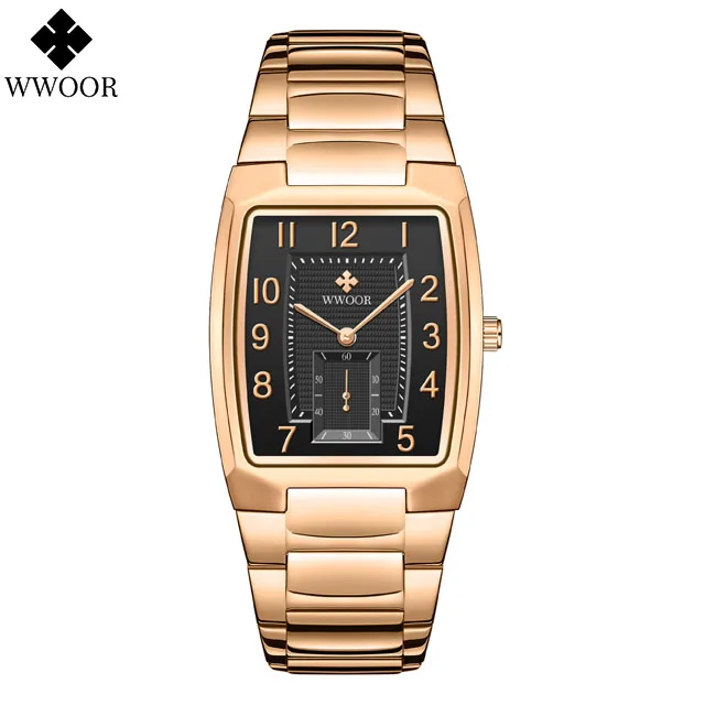 WWOOR Top Brand Luxury Fashion Stop Watches Mens 30ATM Waterproof Square Clock Casual Watch Mens Quartz Wrist Watch Reloj Hombre Rose A black
