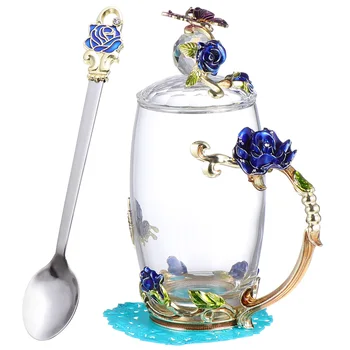 

Beautiful Enamel Glass Cup Set Flower Design Glass Water Cup Gift (Tall Blue)