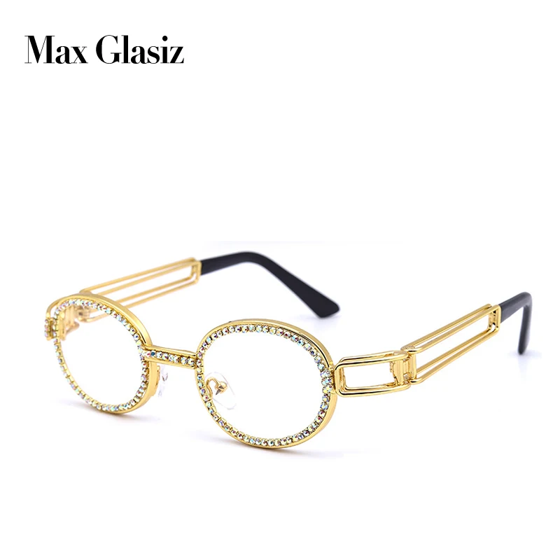 Max Glasiz, овальная металлическая оправа, стимпанк, солнцезащитные очки, стразы, украшение, солнцезащитные очки для женщин, Ретро панк, уличный тренд, солнцезащитные очки - Цвет линз: gold w clear