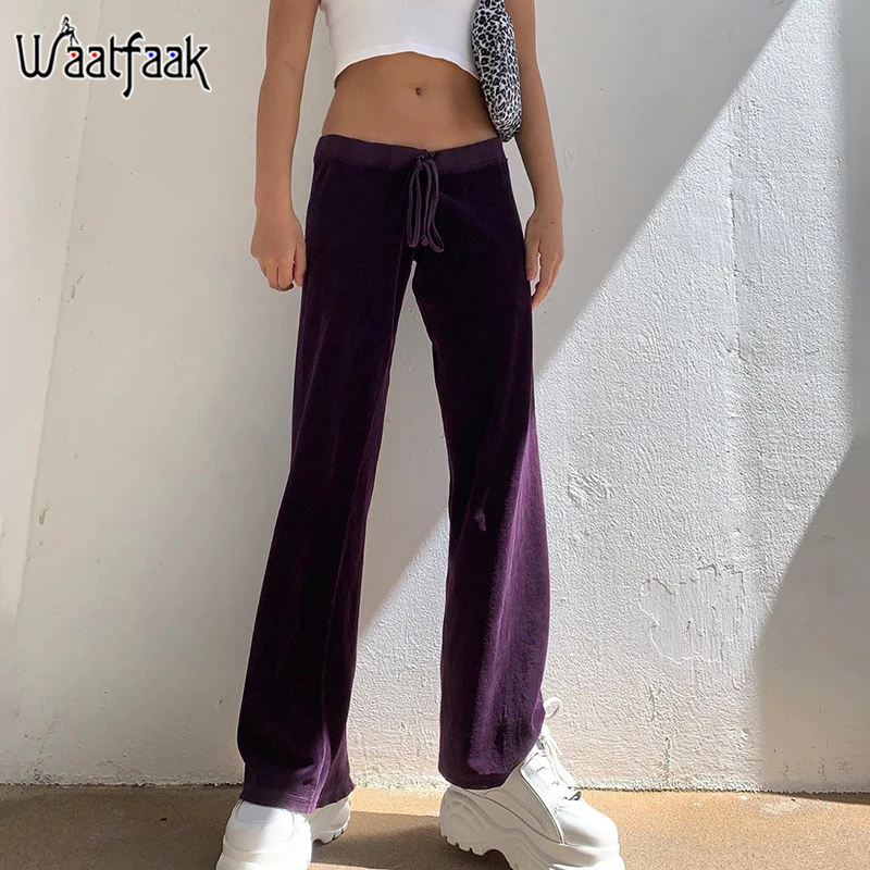 Waatfaak purple elestic waist velvet pants women autumn 2020 korean style straight pants baggy harajuku high street capris pants