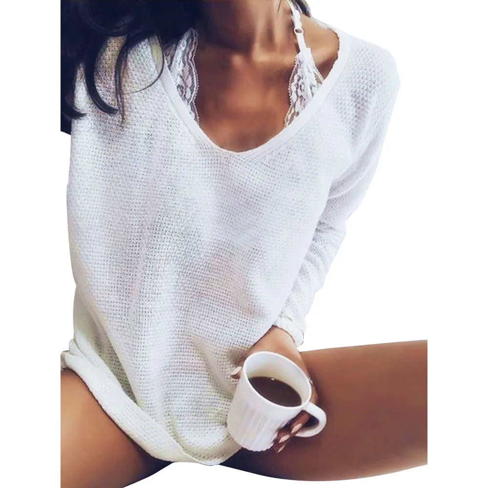 Летний женский свитер большого размера с длинным рукавом и v-образным вырезом