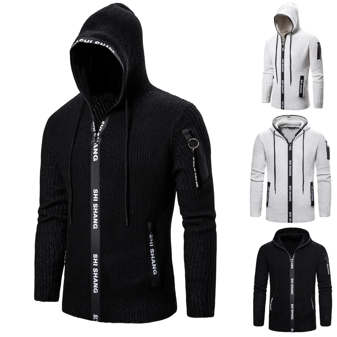 

2019 Autumn and Winter Newest Men Slimmed-up Knitted Cardigan Zip-up Hooded Sweater Jacket Mens Black Grey Cardigan Sweater