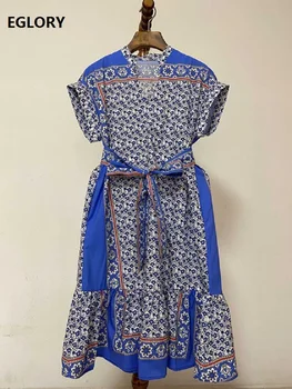 

2020 Spring Summer Fashion Style Dress High Quality Women V-Neck Vintage Porcelain Prints Short Sleeve Straight Cotton Dress