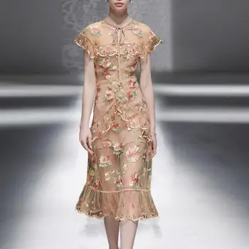 

2020 Summer fashion Design Party Dress Women Luxury Floral Embroidery Ruffles Bodycon Dress Sexy Holiday party Dress r274