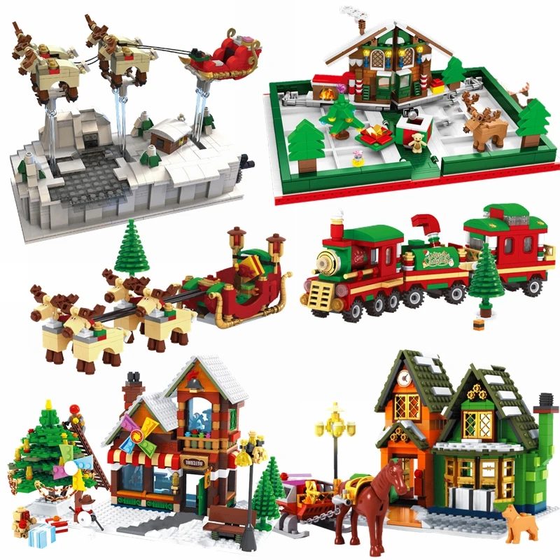 

Locking Christmas Train Village Tree House Christmas Figure Santa's Sleigh Model Building Blocks Toys For Children Gifts Locking