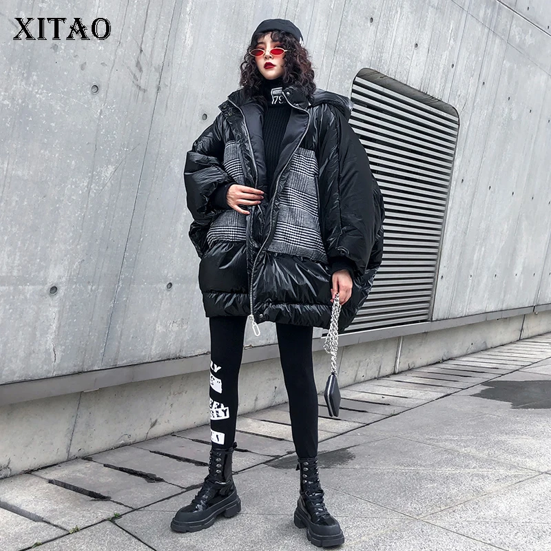 XITAO клетчатая Лоскутная джинсовая парка с широкой талией Женская 2019 зимняя