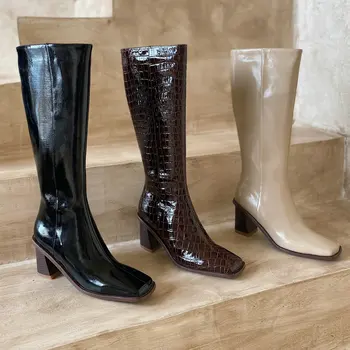 

New Arrival Female Knee High Boots square toe Side Zipper High Heels Pumps Winter Party Working Shoes Woman