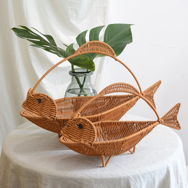 TT Rattan Portable Basket Creative Hand Weaving Wrought Iron Fish
