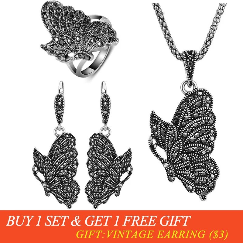 

Ajojewel Women's Black Crystal Stone Animal Jewelry Sets Butterfly Necklace And Earrings Vintage Parure Bijoux