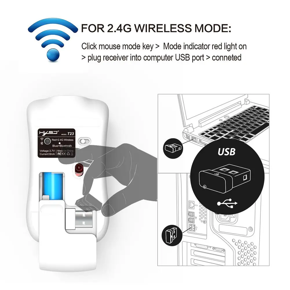 T23 перезаряжаемая Безмолвная щелчок 1600 dpi Bluetooth 2,4G беспроводная эргономичная мышь