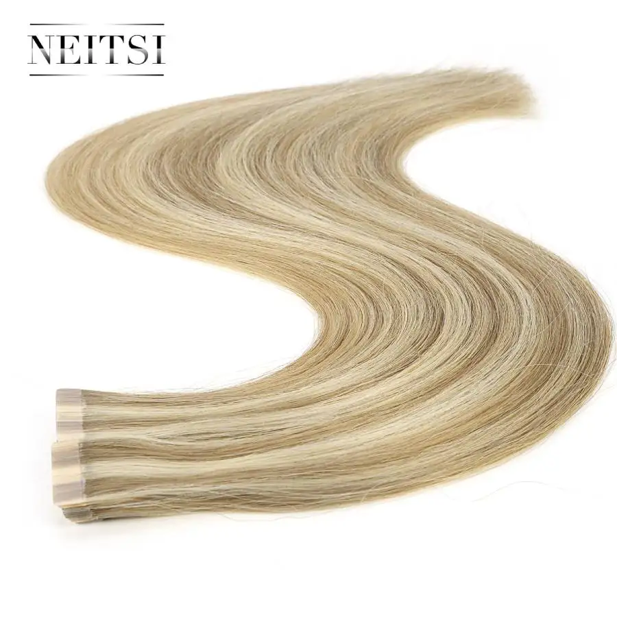 Neitsi Double Drawn Remy Tape In Human Hair Extensions Straight Real Hair Skin Weft 16" 20" 24" Ombre Color + Adhesive Tape Roll