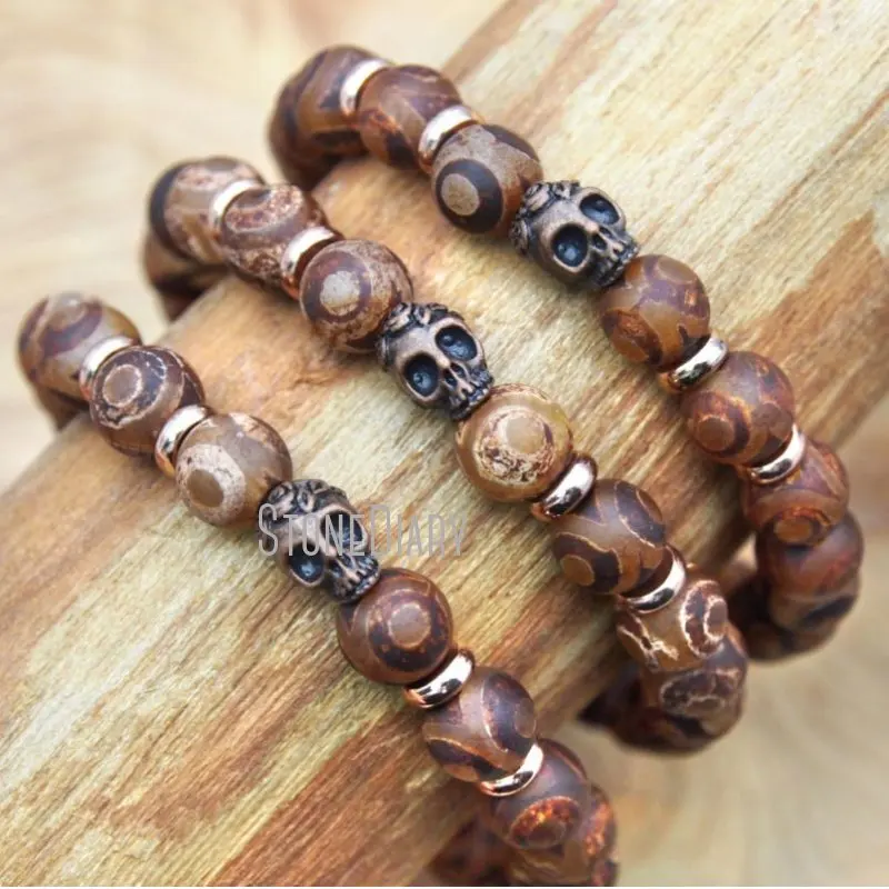 

BM15637 10Pcs Dzi Agates Bracelet Antique Bronze Color Plated Ball Bead Bracelet 6.5-7inch
