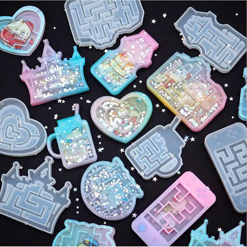 Maze Shaker Silicone Molds DIY UV Resin Labyrinth Heart Gamer Maze Shaker Charms Jewelry Accessories Making Castle Camera Shape