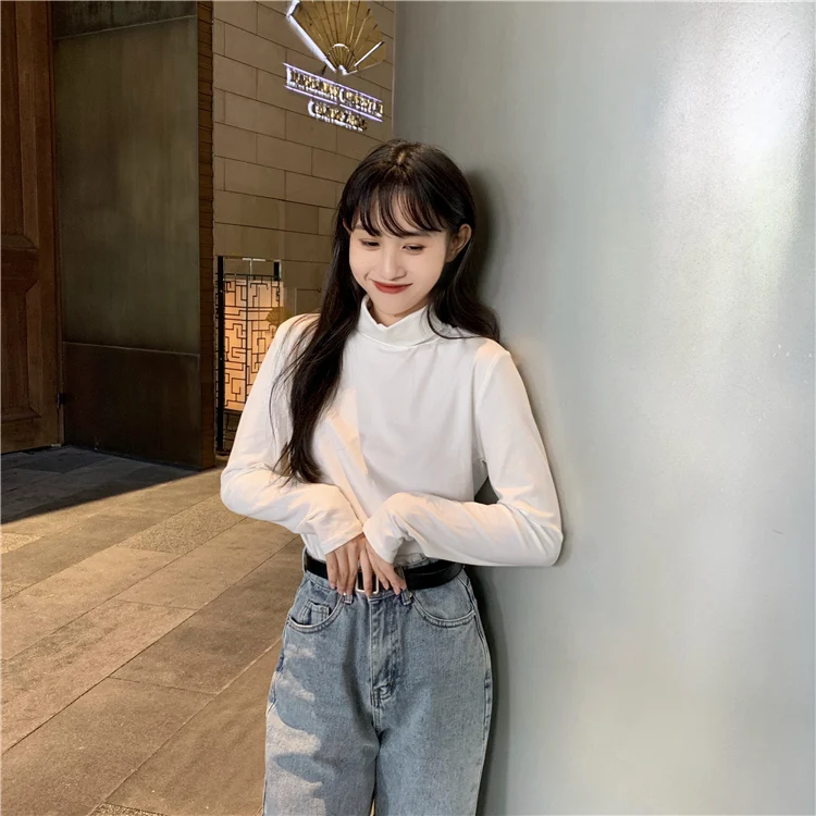 Qiu dong/качественная Стильная однотонная многоцветная Верхняя одежда без подкладки, футболка, Женский Топ с высоким воротом ba