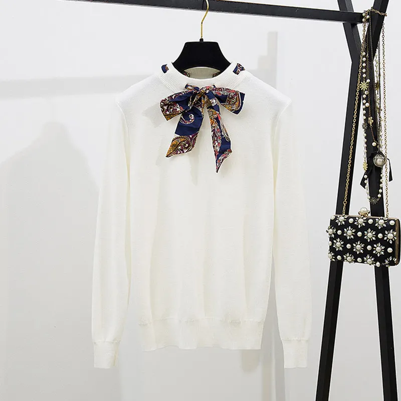 Trytree осень зима комплект из двух предметов Повседневные пуловеры с бантом трикотаж свитер+ юбка на молнии мини мода офис леди 2 шт комплект - Цвет: White Sweater