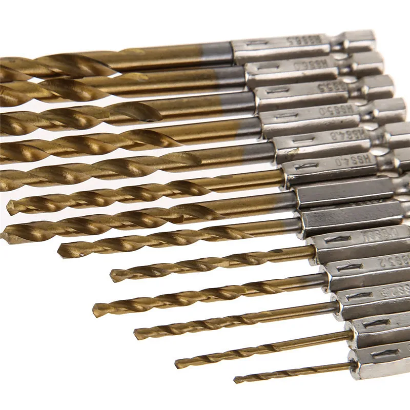 LAMEZIA 13pcs 1.5-6.5mm HSS Drill Bit Set Hex Shanks 1/4 Inch Titanium Coated Twist Woodworking Tools