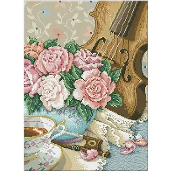 

Rose vase with violin patterns Counted Cross Stitch 11CT 14CT 18CT DIY Chinese Cross Stitch Kits Embroidery Needlework Sets