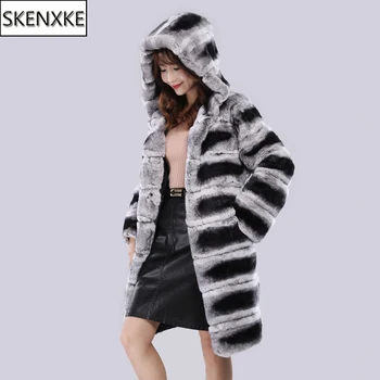 

Winter Long Style Ladies 100% Genuine Rex Rabbit Fur Hooded Coat Women Fluffy Thick Warm Real Fur Outerwear Luxurious Fur Jacket