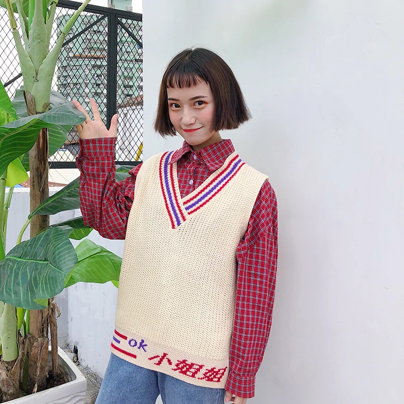Жилеты женские с v-образным вырезом в полоску Kawaii Harajuku корейский стиль трикотажные студенческие простые универсальные повседневные женские пуловеры шикарные Горячие