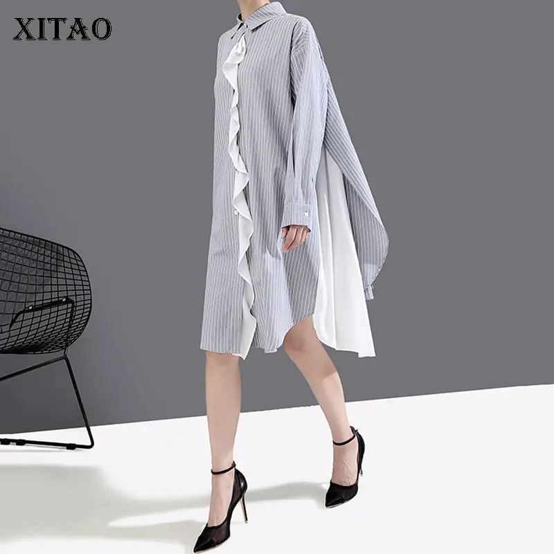 XITAO/Полосатое платье средней длины с рюшами женское корейское Модное Новое