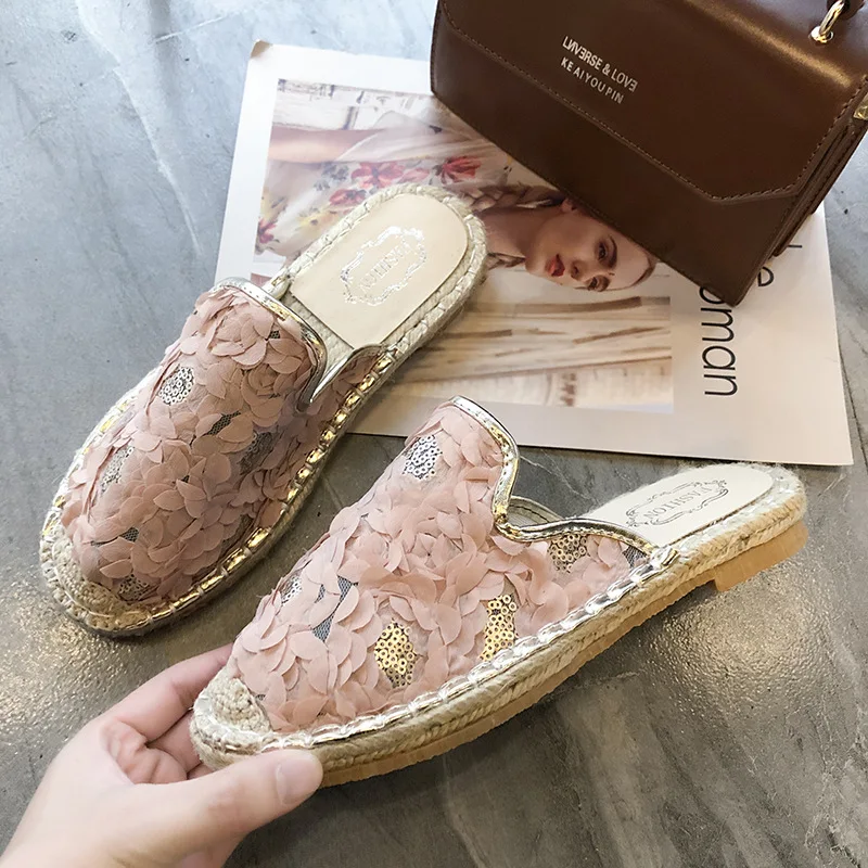 

Sweet Lace flower summer mules shoes woman breathable mesh bling flat slippers straw flax espadrilles oxfords girls beach slides