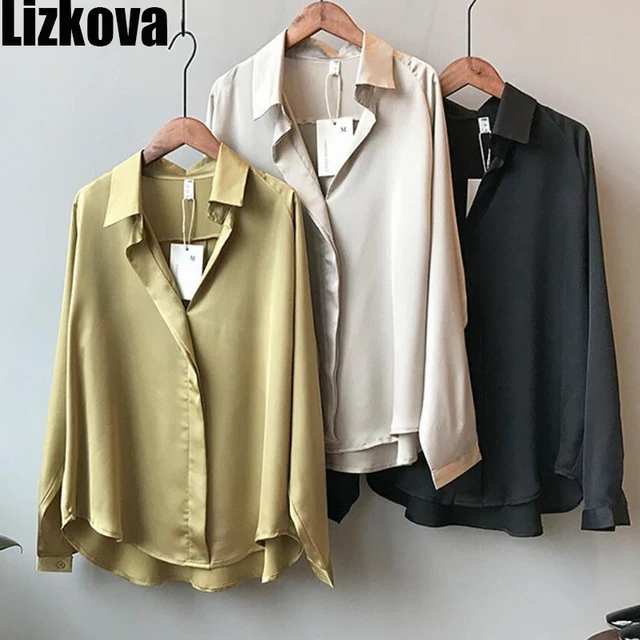 Lizkova Satin Blouse Women Korean Long Sleeves V-Neck Soft Shirts 2021 Spring Elegant Imitation Silk Tops 1