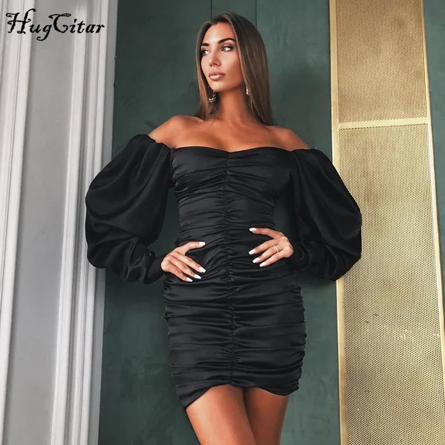 Hugcitar 2019 long puff sleeve slash neck satin pleated sexy mini dress autumn winter women solid