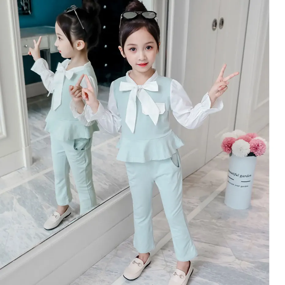 

Clothes For Girls Patchwork Shirt + Pans 2PCS Girl Set Autumn Winter Kids Set For Girls 6 8 10 12 14 Year Scool Clothes