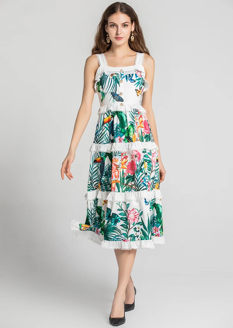 MoaaYina, модное дизайнерское летнее женское платье на бретельках с оборками и цветочным принтом попугая, платье для отпуска