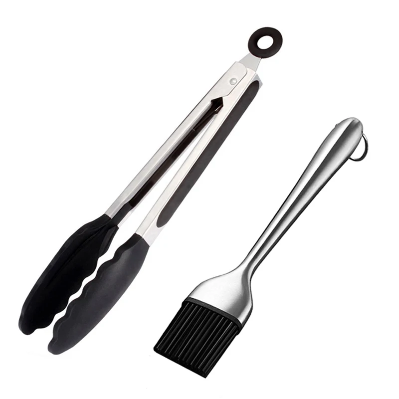 2Pcs BBQ Tongs Basting Brush Set Silicone Oil Brush Kitchen Tongs BBQ Grill Food Tongs Barbecue Tongs Oil Sauce Brush BBQ Tools (1)