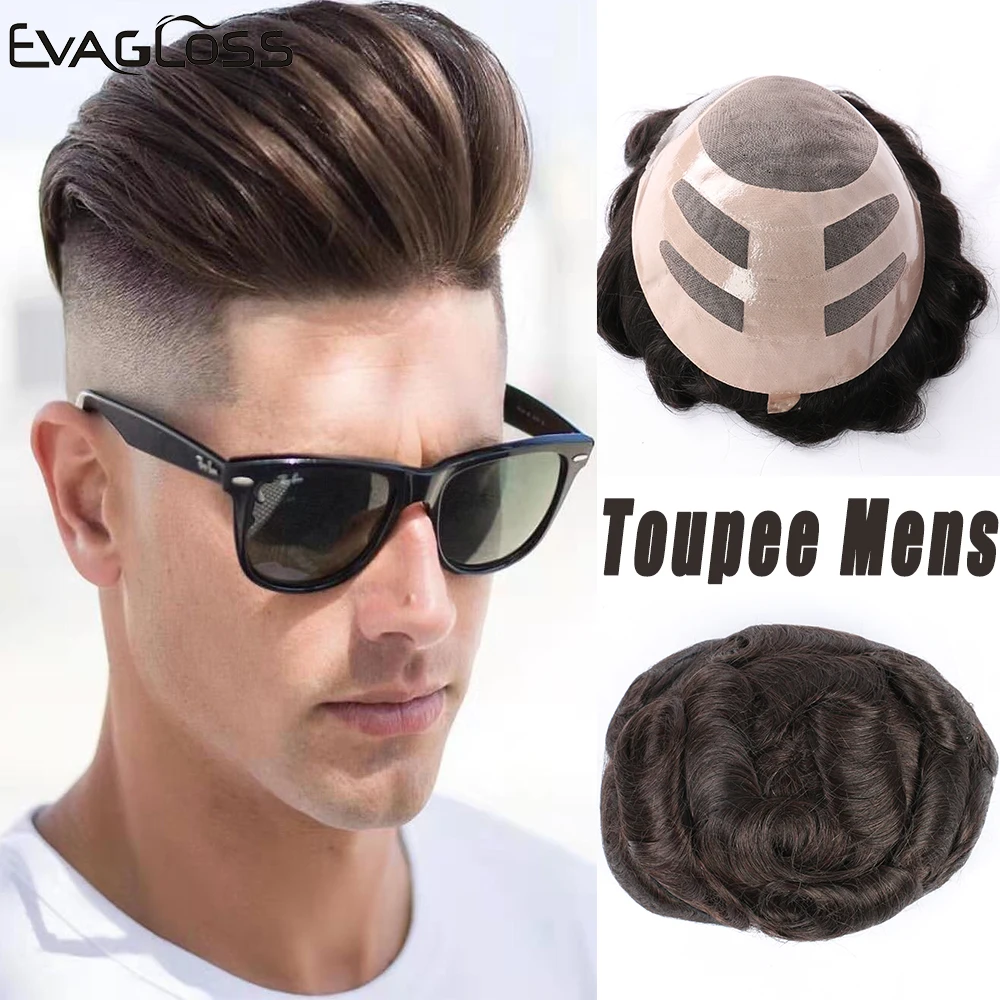 

EVAGLOSS Human Hair Mens Toupee Size 8*10 Fine Mono With Thin PU Men's Wig Hair Replacement System Hairpieces Wigs For Men