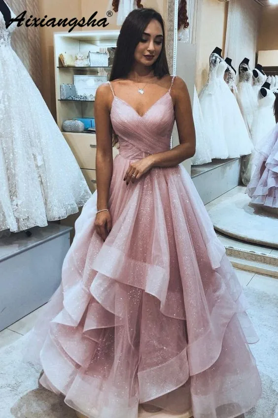 

Sexy Spaghetti Straps V-Neck A-Line Sequin Pink Prom Party Dress Ruffles Tulle vestido de fiesta Long Prom Dresses 2019