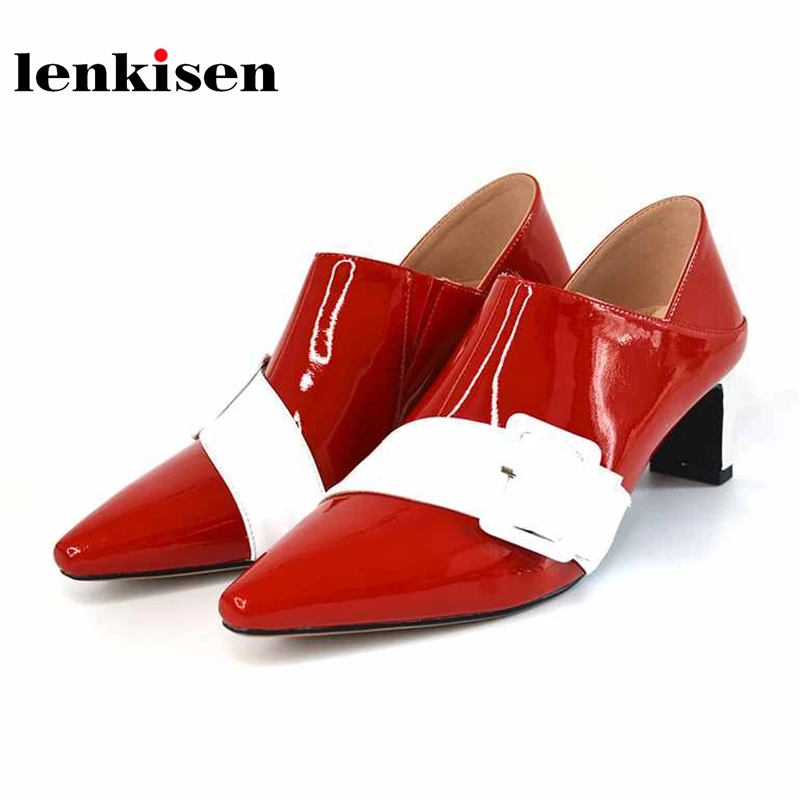 

Lenkisen microfiler high heels slip on women buckle decoration mixed color pointed toe simple elegant British autumn shoes L22