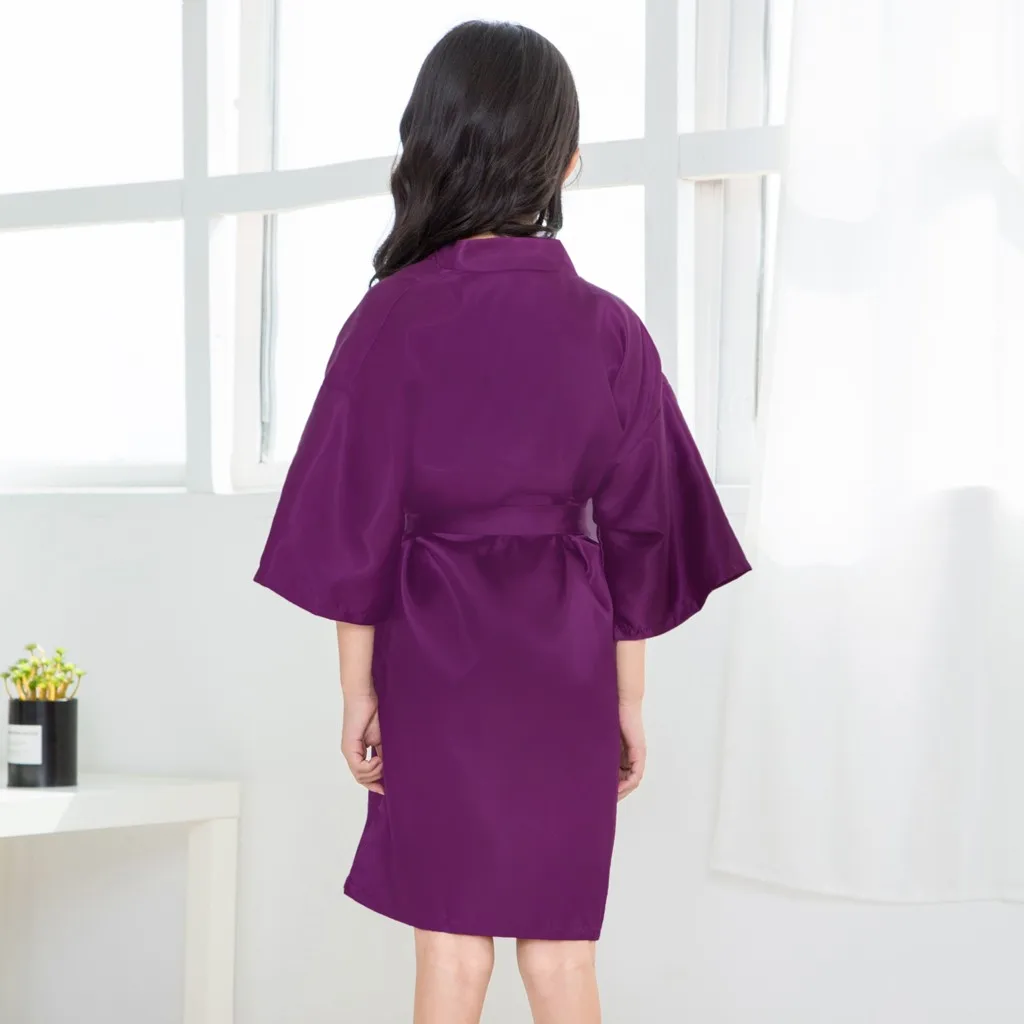 Toddler Baby Kids Girls Solid Silk Satin Kimono Robes Bathrobe Sleepwear Clothes 1PC Bathrobe+1PC Ribbons G1021