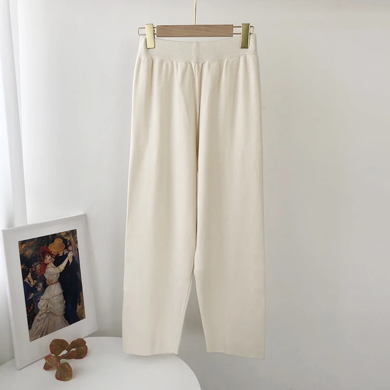 Aachoae Loose Solid Knitted Pants Women Elastic Waist Casual Lady Pants Pleated Leisure Home Wear Long Pants Female Pantalon
