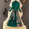 Retro Print Pleated Dress Women Elegant Knitted Patchwork Long Midi Dress Autumn Winter Long Sleeve Vintage Belt Sashes A100 ► Photo 3/6