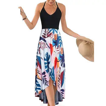 

2020 Hot Summer Women Flower Print Backless Spaghetti Strap V Neck Irregular Maxi Dress Summer Women Flower Print Maxi Dress