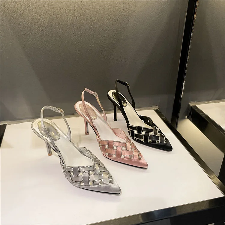 Sexy Rhinestone Braid Silk Strap Wedding Pumps One Strap Low Cut Pointy Toe Thin Heel crystal square cross Shoes party high heel