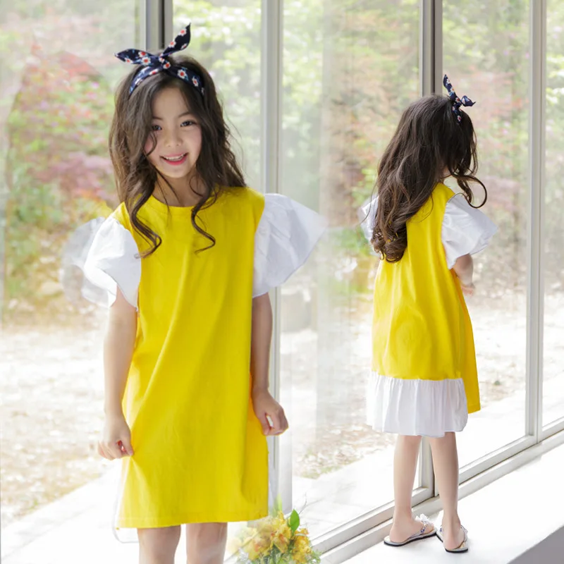 Ruffles Patchwork Little Big Girl Dresses Cotton Summer Yellow Kids Designs Teenager Children Boutique Clothes 2019 | Детская одежда и