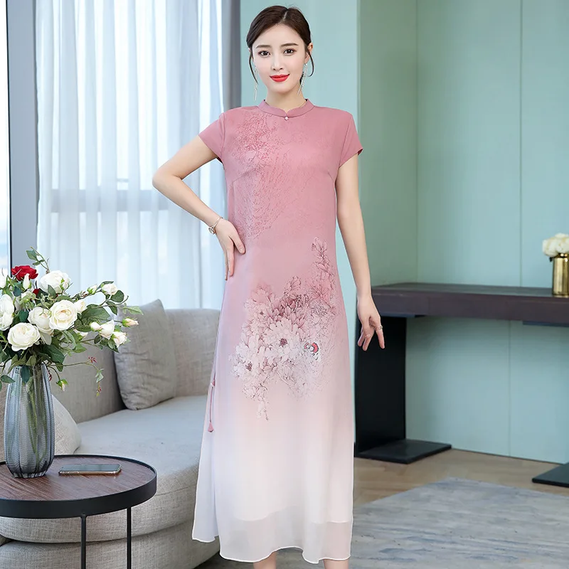 

Silk Dress Long Mulberry Silk Improved Cheongsam Elegant Large Size Slimming 2019 Spring And Summer New Style
