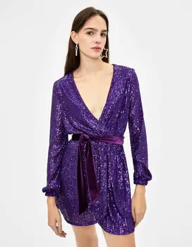 

2020 new Spring Summer Sequined purple zaraing women Short Dress sheining vadiming female dress sexy vintage plus size Xdn9607