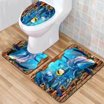 

T Dolphin Print Toilet Mat Christmas Accessories for Bathroom Carpet 3D Toillete Seat Cover for Home Decor Bedroom Door Mat