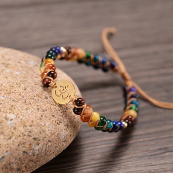 

OM Charm 4mm Tiger-eye Stones 7 Chakra Bracelets Handmade Braided Couple Reiki Healing Balance Protection Yoga