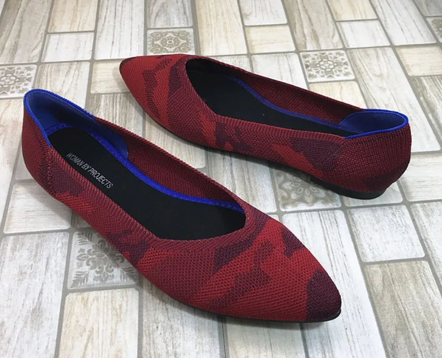 Maggie's Walker/женская повседневная обувь Осенняя вязаная обувь на мягкой плоской подошве с острым закрытым носком, смешанные цвета, размеры 36-40 - Цвет: Бордовый