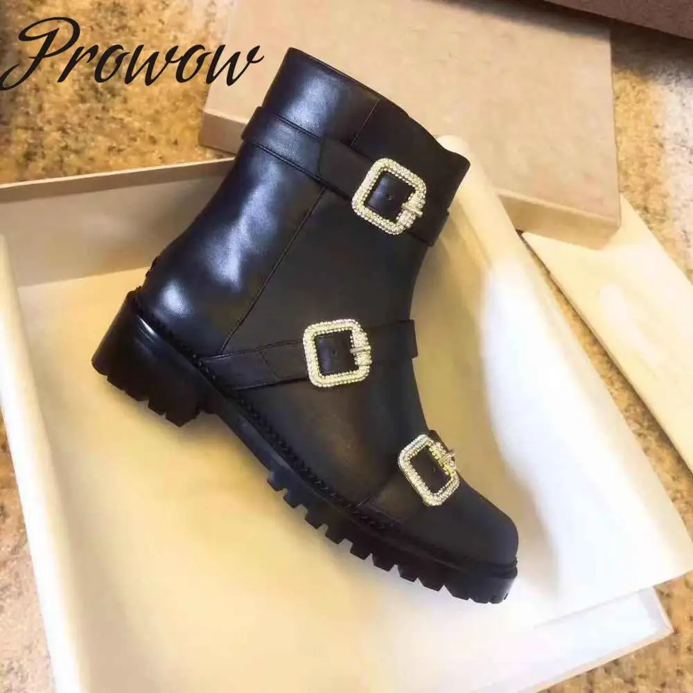 

Prowow New Genuine Leather Crystal Buckle Strap Women Boots Round Toe Zip Side Ankle Fashion Boots Autumn Winter Boots Women