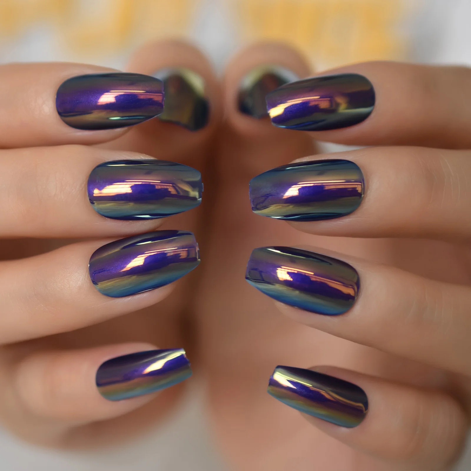 24pcs Coffin Nails Short Metallic Plate Fake Ballet Holo Mirror Press on Full Cover Acrylic Glossy False Nail Tips | Красота и
