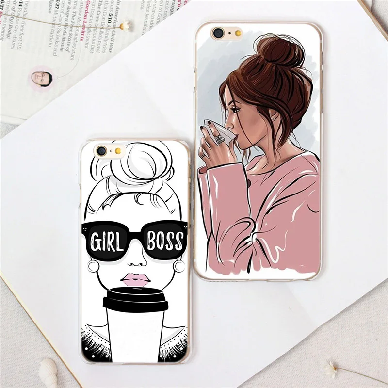 

Fashion coffee girl boss Soft phone case for iphone XS X XR 11 pro max 7 8 6s 6 plus 5s 5 se Cute sketch cover Transparent shell