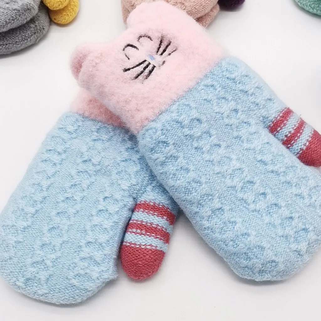 Детские зимние теплые вязаные перчатки с рисунком кота из мультфильма для мальчиков и девочек, детские Мультяшные перчатки, теплые перчатки на весь палец